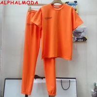 alphalmoda 2021 spring new arrival short sleeved letter tshirt jogger pants women 2pcs fashion suit