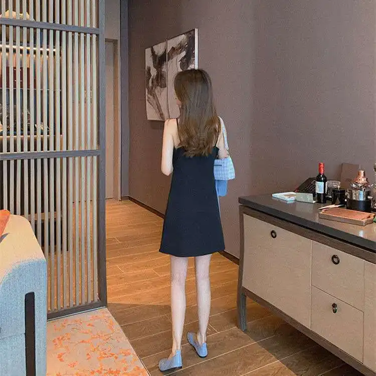 

2021 Summer New Solid Color Was Thin Sexy Sling Women Skirt Short Black Blue Chiffon Sleeveless Dress