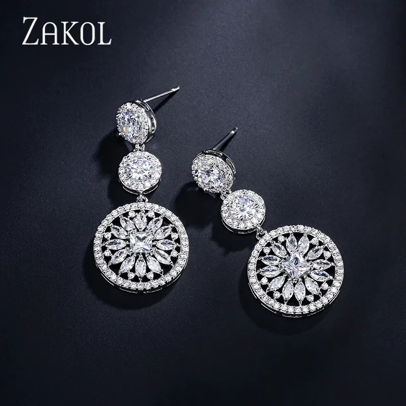 ZAKOL изысканные сферические круглые фианиты цветочные серьги-капли свадебные