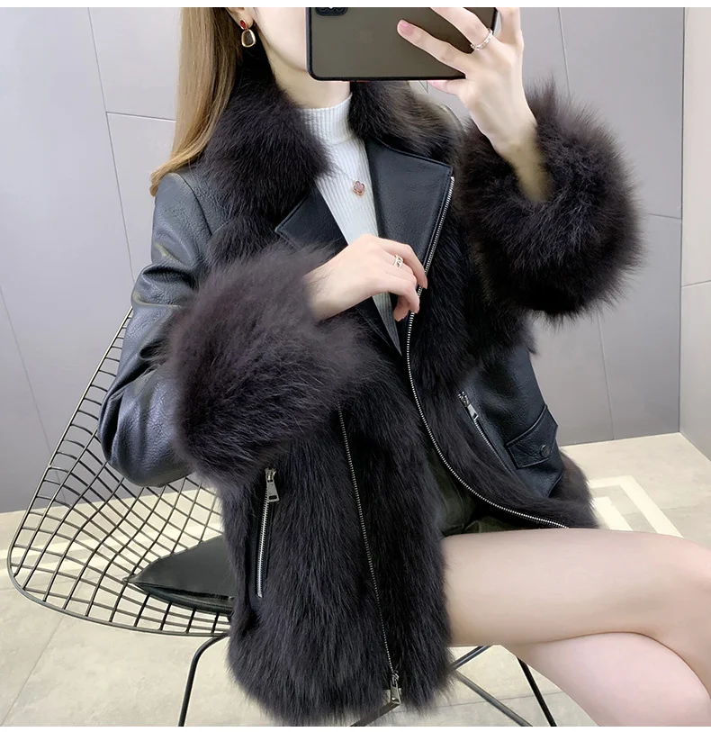 

SHZQ Winter New Fox Fur Coat Fashion Motorcycle Fur Short Women's Sheep Fur Integrated Fur