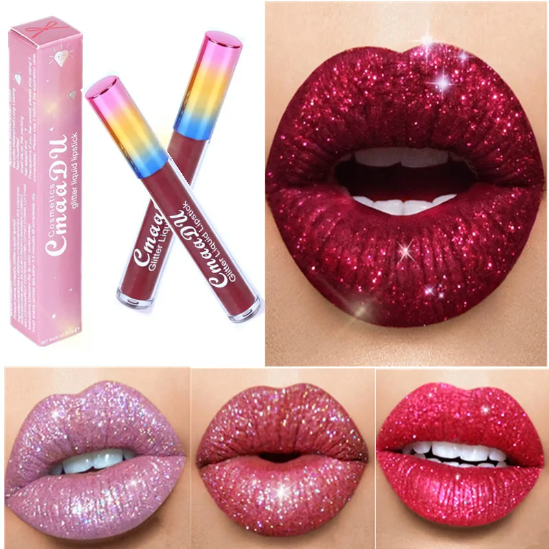 Жидкая помада для макияжа с блестками водостойкая стойкая блестящая красная