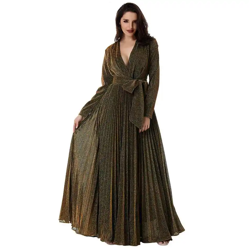 Женское платье Seamyla длинное Сетчатое в пол с длинным рукавом зеленое золотое