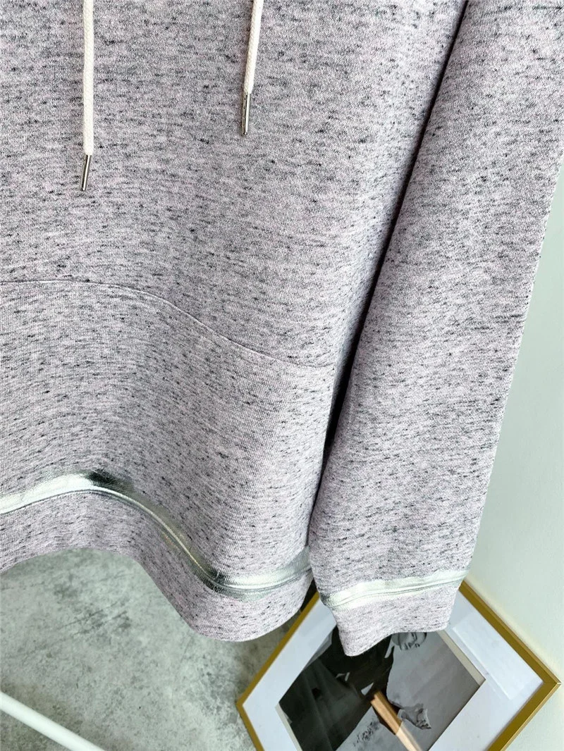 

Woman Pink Hoolies Loose fashion Silver trim Hooded Sweatshirt Drop Shoulder Oversized Long Sleeves Pullovers Front Pocket