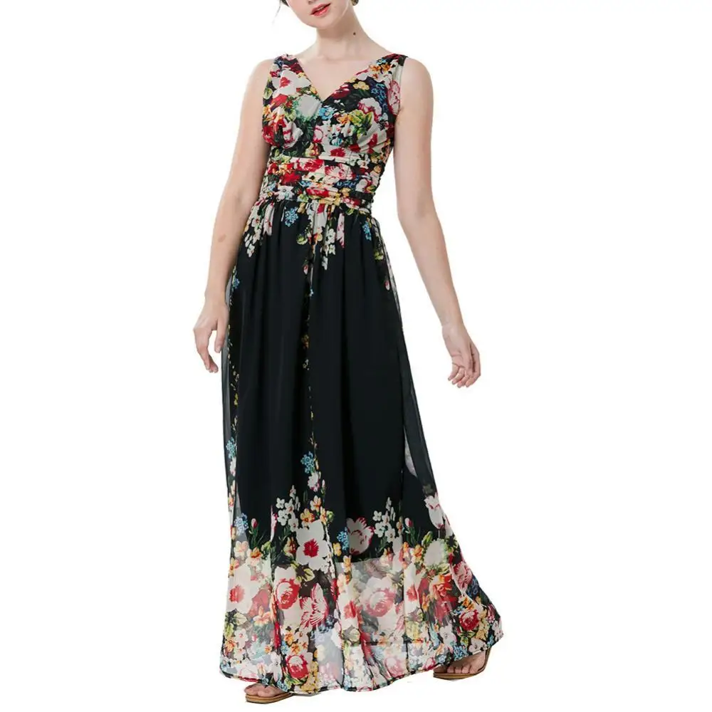 

Summer Dress Women Sleeveless V Neck Large Hem Waist Tight Backless Floral Print Long Dress Robe Femme Women's Clothing 2021