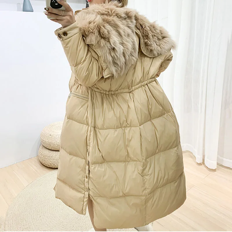 Женский пуховик с большим воротником из натурального Лисьего меха теплый на