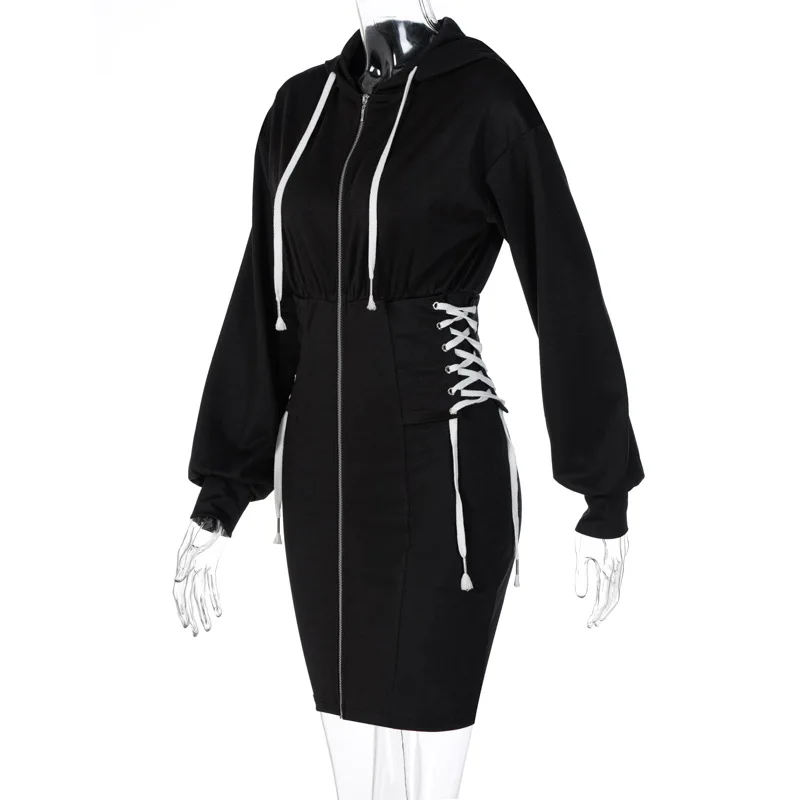 

Black Dress Fashion Zipper Hooded Dress 2021 Autumn and Winter Dresses for Women Party