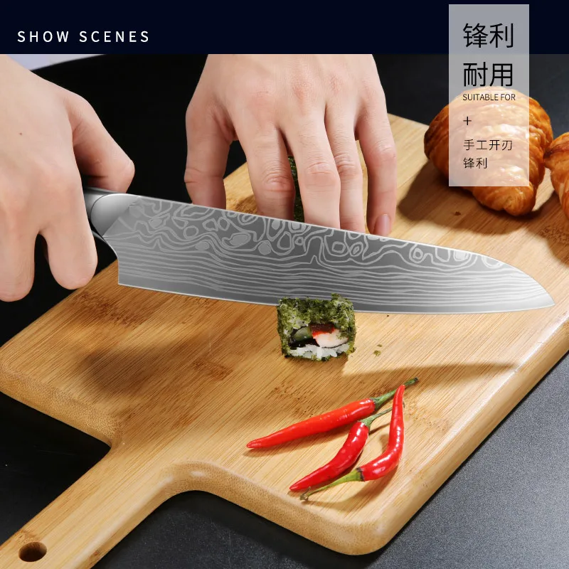 Кухонный нож из нержавеющей стали с двойной лазерной гравировкой дамасский