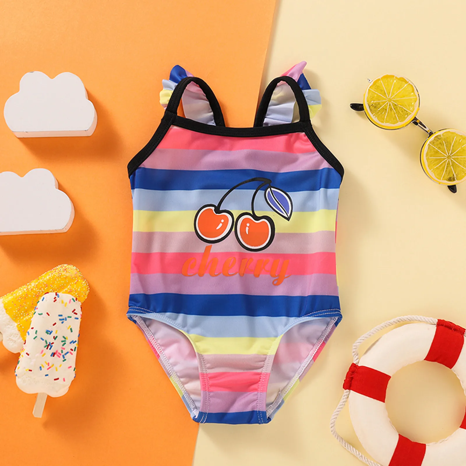 

2021 New Toddler Baby Kids Girls Stripe Letter One-piece Swimsuit Bathing Beach Swimwear Vogue Summer Children's Swimsuit