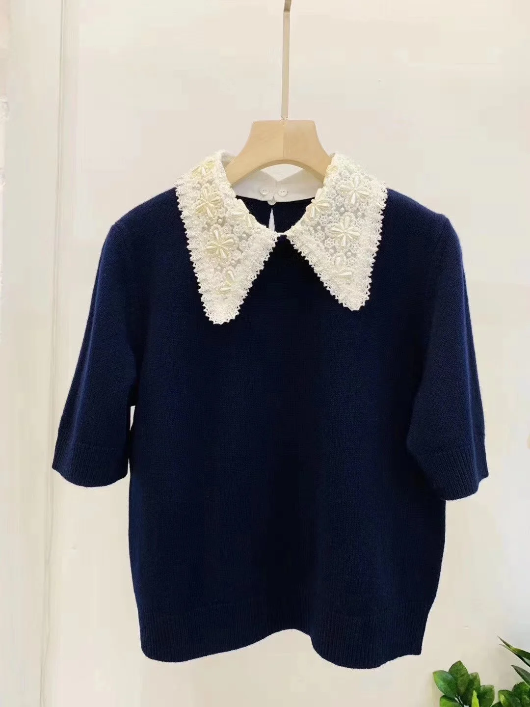 

new ladies 2021 fashion short sleeve sexy casual pearl collar cashmere pullover 1221