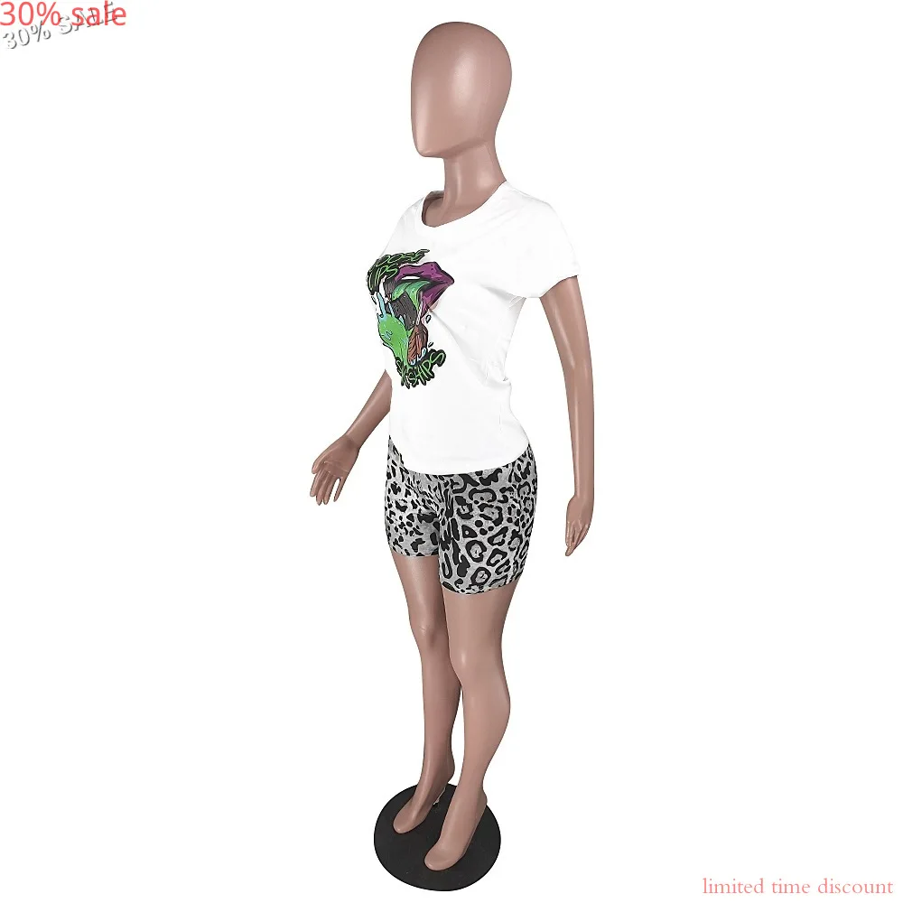 2020 Summer 2 Piece Set Biker Shorts Clothes Women Printed Cartoon T Shirt Tops Leopard Tracksuits Jogger |