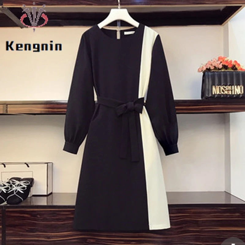 

French Style Loose Oversized M- 4XL Women Party Dresses Autumn Patchwork Black Dress Lady Vestidos Sashes Belt Bow Robe KE1959
