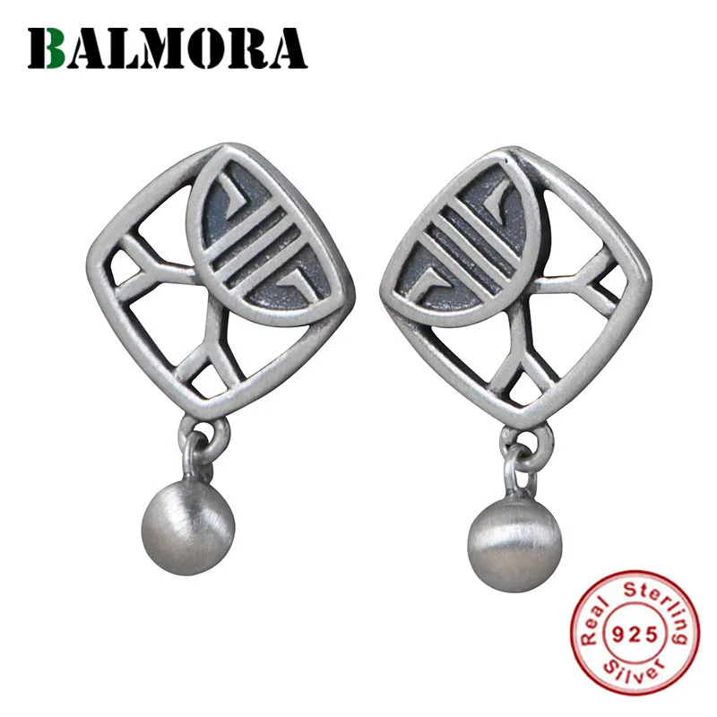 

BALMORA 100% 925 Silver Chinese Style Earring For Women Girl Tassel Silver Beads Design Ear Hollow Vintage Ear Stud Jewelry Gift