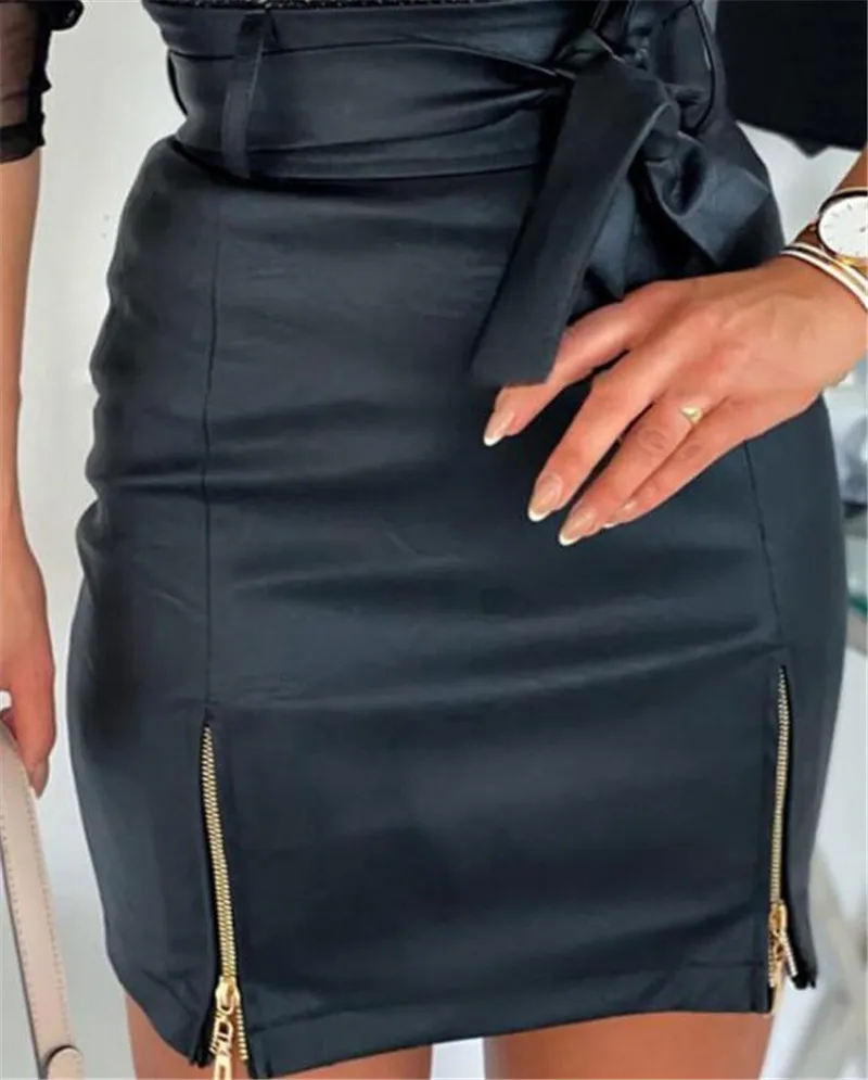

The new 2021 short skirt PU leather sexy high bind zipper pockets hip skirts
