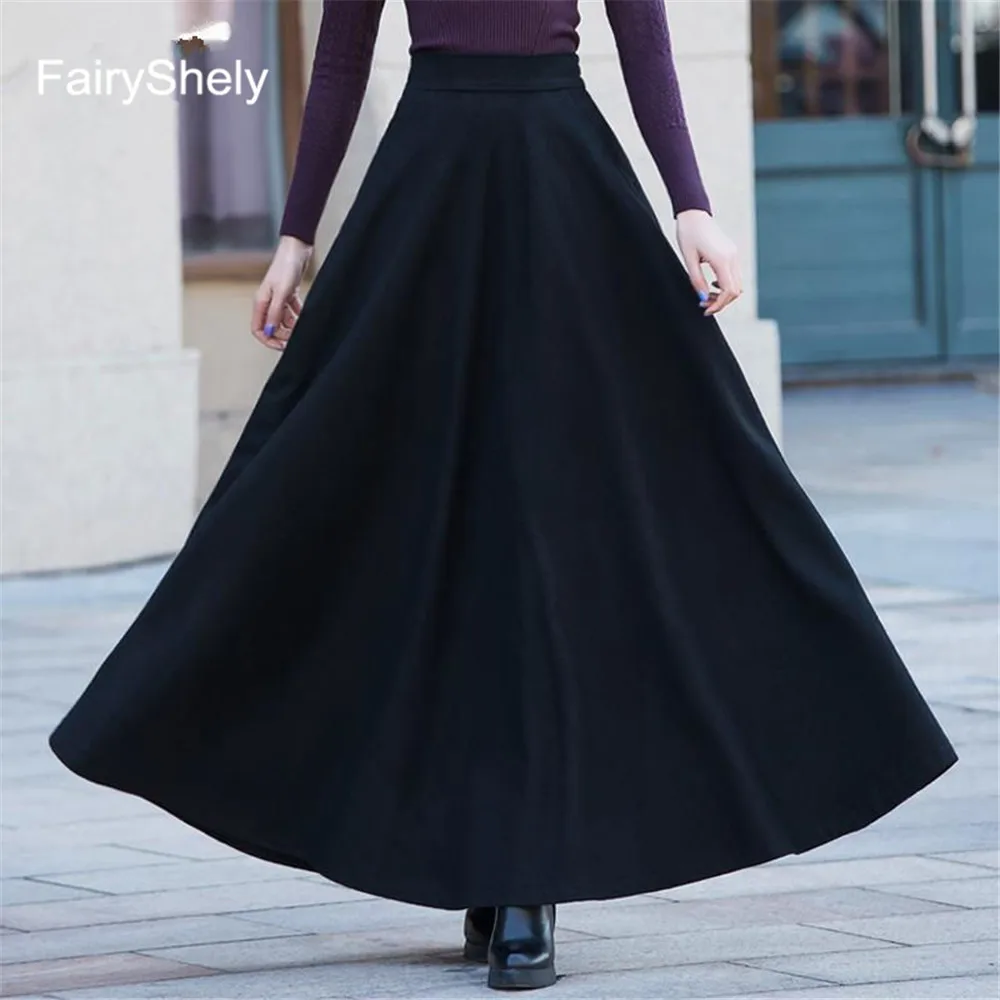 FairyShely 2020 осень-зима ретро плиссированная юбка с высокой талией, женская повседневная шерстяная Макси-юбка с карманами, женская красная длин... от AliExpress RU&CIS NEW