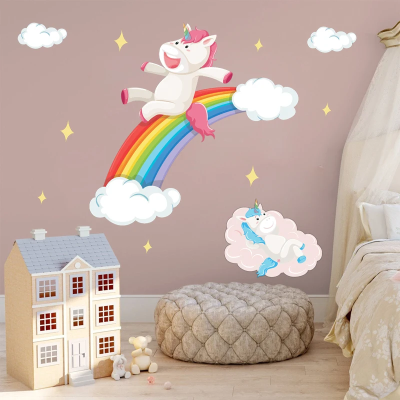 Радужные наклейки на стену Happy Unicorn в виде облаков звезды для детской комнаты