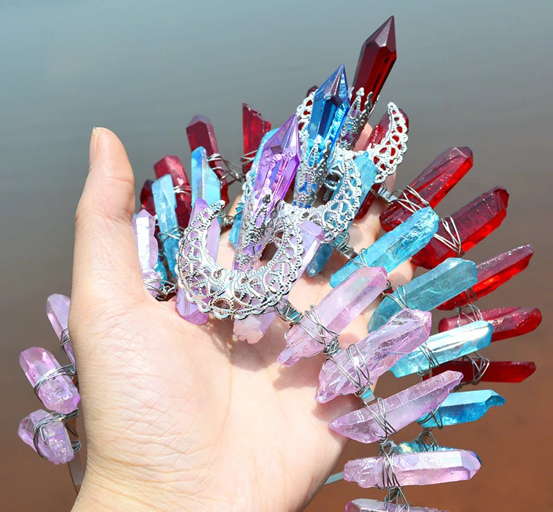 

Romantic Tiara Crown Rainbow Raw Quartz Crystal Moon Headband Wedding Bridal Cosplay costume Party Hair Accessory Jewelry Gifts