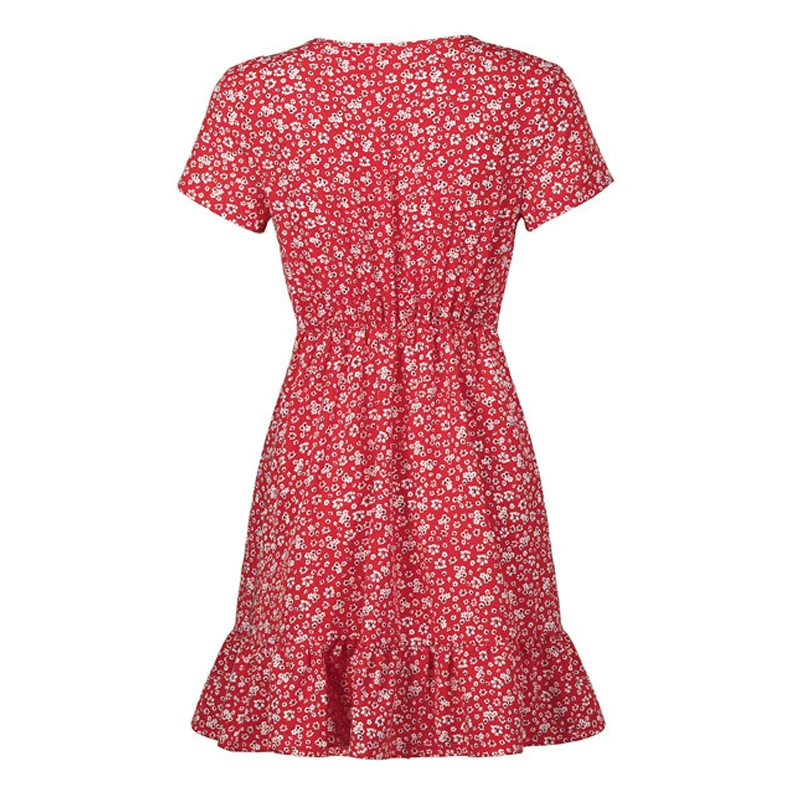 

2021 Summer Casual Fashion Women's Dress V-Neck Small Floral Stitching Lotus Leaf Big Swing Female Skirt Dress