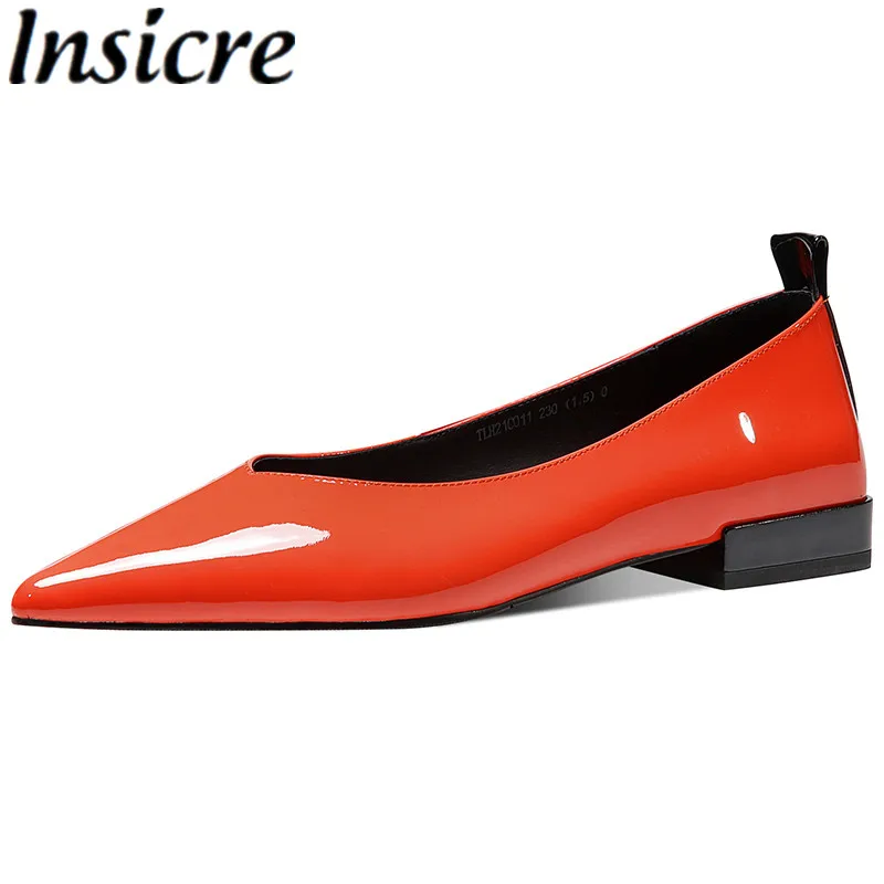 

Insicre Flats Pointed Toe Cow Patent Leather Shallow Orange Women Pumps Low Thick Heels 2021 Summer Casual Shoes Office