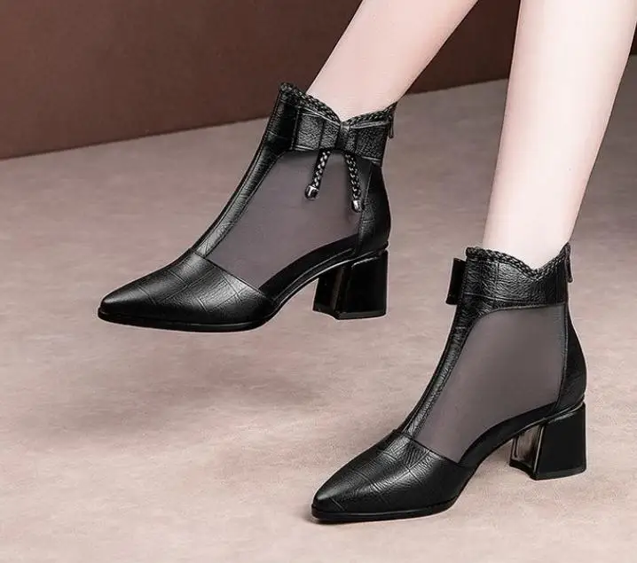 

2021 Fall Mesh Boots Soft LEATHER Women Sandals Boots Mid Chunky Heel Bowtie Summer Shoes Woman Ponited toe SEXY Black