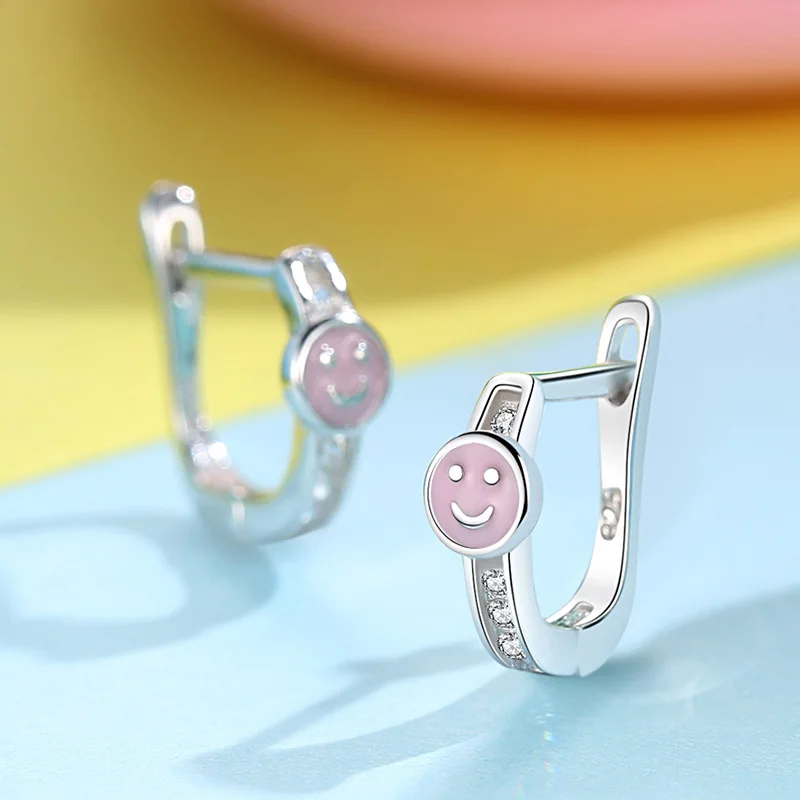 Pink Enamel Smile Face Children Earrings Authentic 925 Sterling Silver Clear CZ Hoop For Girls Kids Jewelry | Украшения и