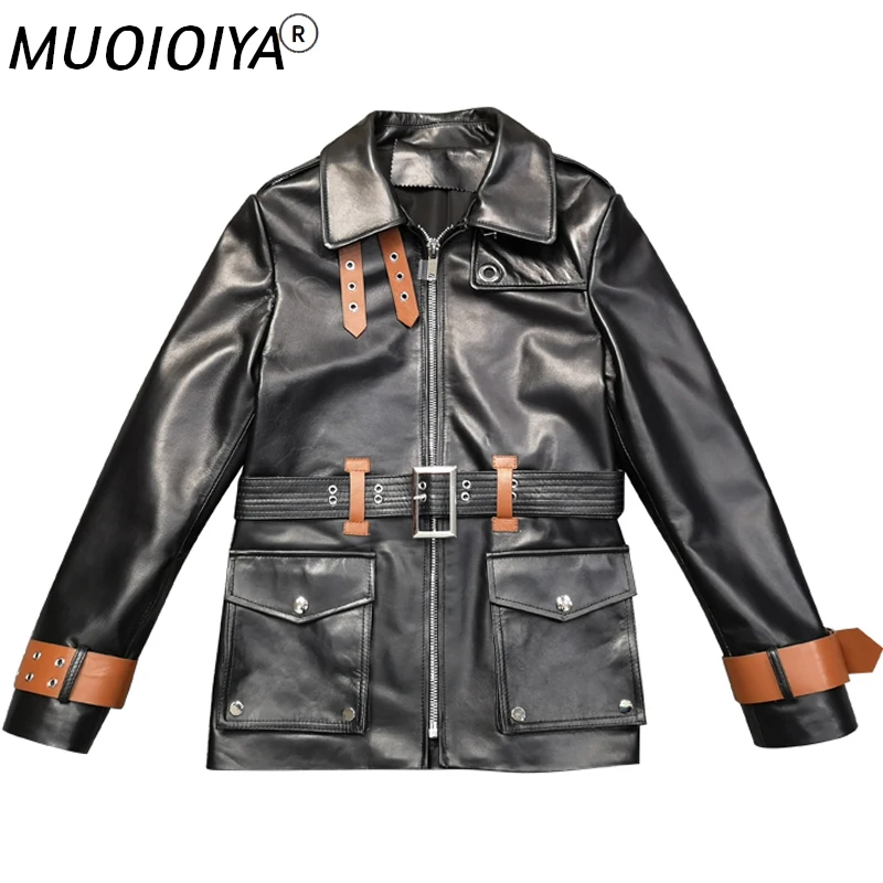 

Womens 2021 Autumn Winter Black Genuine Leather Jackets Real Sheepskin Vintage Trench Coat With Belt Ladies Outerwear Plus Size