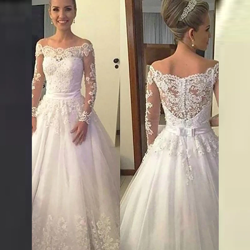 

Princess Gorgeous A Line Lace Long Sleeve Bridal Wedding Dresses Bateau Neck Applique Beaded Wedding Gowns for Bride On Sale