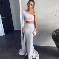 hot ivory evening dresses 2021 mermaid one shoulder simple long satin two pieces prom party gowns vestidos de feast