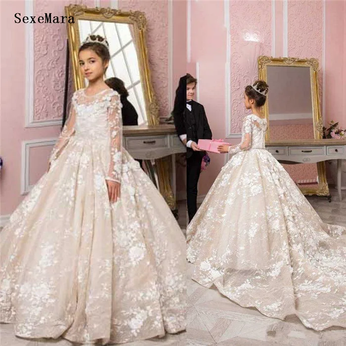 Роскошное Новое поступление платья для девочек с цветами длинным рукавом и