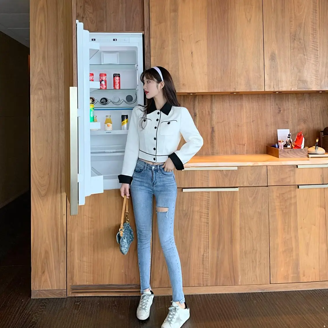 

New Elegant Fashion Women Spring Autumn classic British slim contrast stitching tweed jacket coat