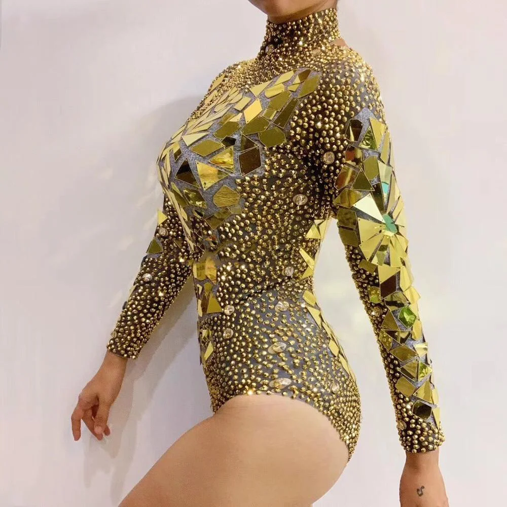 Shining Rhinestones Gold Mirror Bodysuit Sexy Nigthclub DJ Singer Nightclub Stage Costumes Gogo Dance Team Leotard Rave Clothes