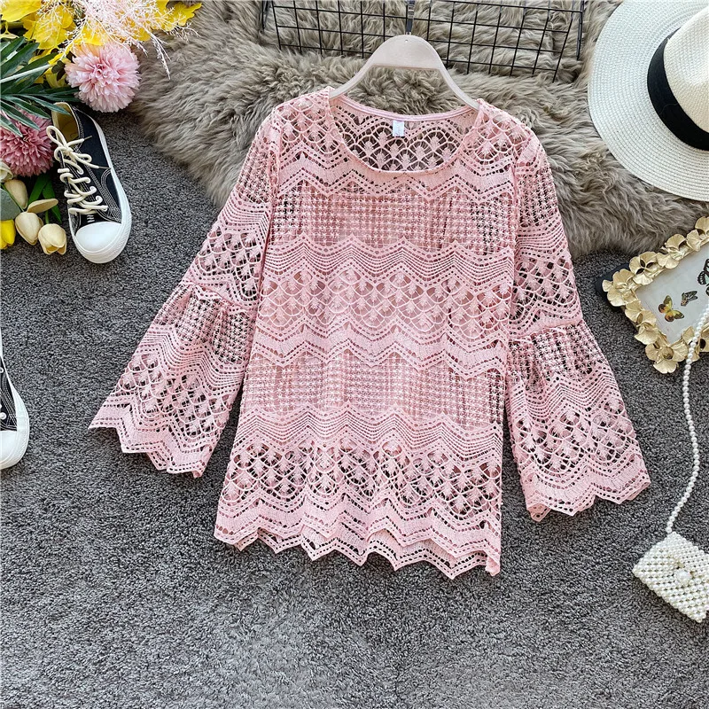 Женская блузка с длинным рукавом элегантная кружевная круглым вырезом и
