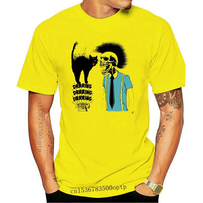 

New 2021est 2021 Men Fashion Mohican Skeleton & Ringing Phone Scared Black Mens T-Shirt Hot Tee Shirt