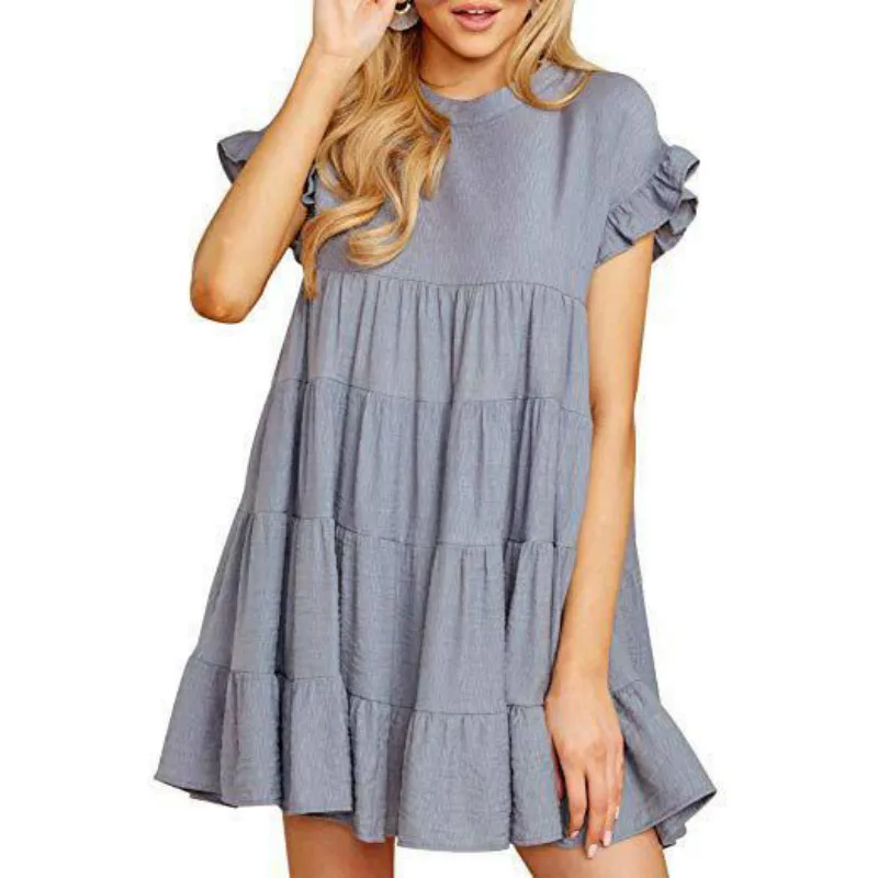 

Uguest Women Cake Dress Cascading Ruffles Short Flare Sleeve Round Neck A-line Button Solid Summer Casaul Sweet Plus Size Dress