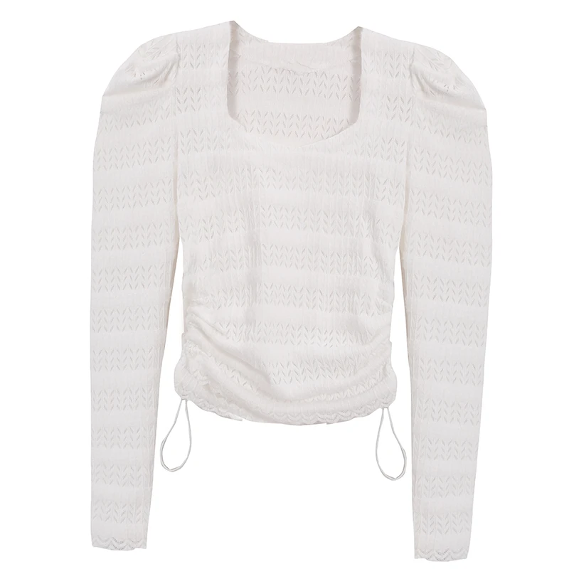 

Классическая белая футболка с квадратным вырезом, Женская осенне-Весенняя облегающая футболка в Корейском стиле с пышными рукавами и вырез...