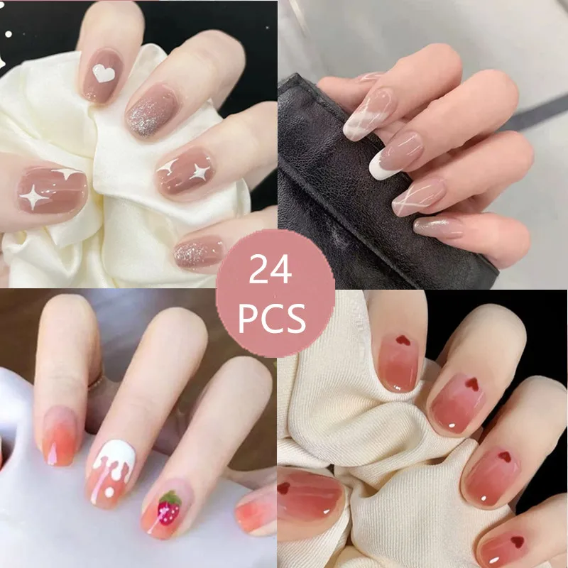 

24pcs Hit Color False Nails 40 Styles Cute Summer Style Fake Nails Jelly Finger Nail Manicure Decoration Nail With Glue