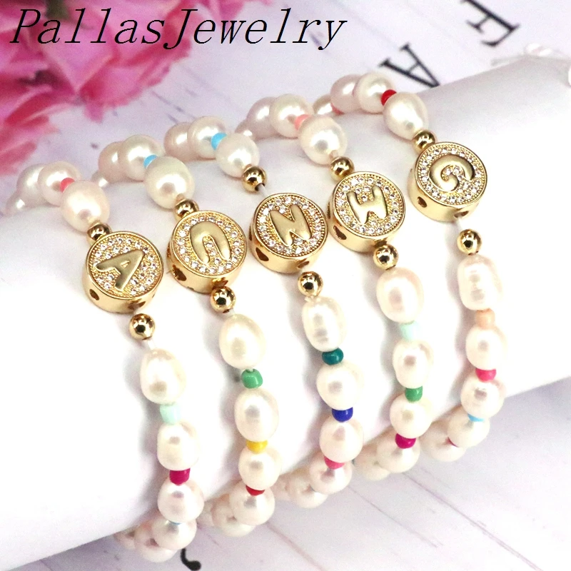 

5Pcs White Natural Freshwater Pearl Bracelets Bangles For Women with cubic zircon 26 letters Elasticity Jewelry Gift