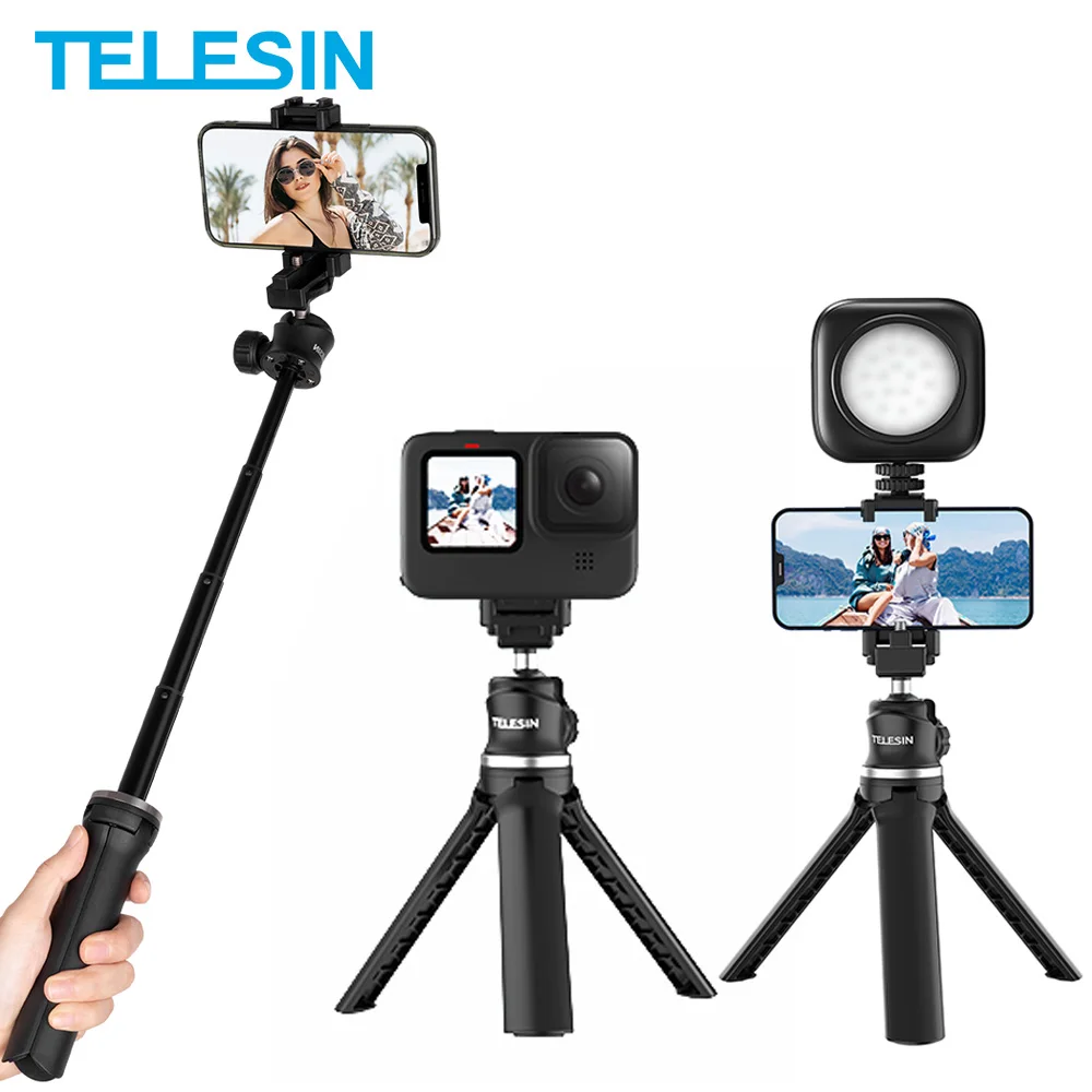 

Мини селфи-палка TELESIN 360 с шаровой головкой, штатив с зажимом для телефона, винт 1/4 дюйма, регулировка высоты, для GoPro Insta360 мобильный телефон SLR