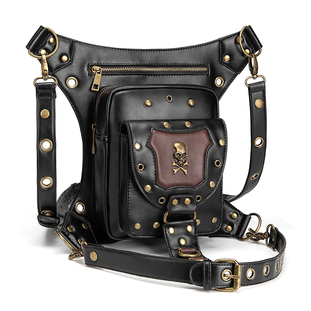 

Steampunk Punk Retro Waist Bag Black Skeleton Rivet Rock Shoulder Messenger Bag Moto Biker Motorcycle Leg Bag Unisex Phone Bag