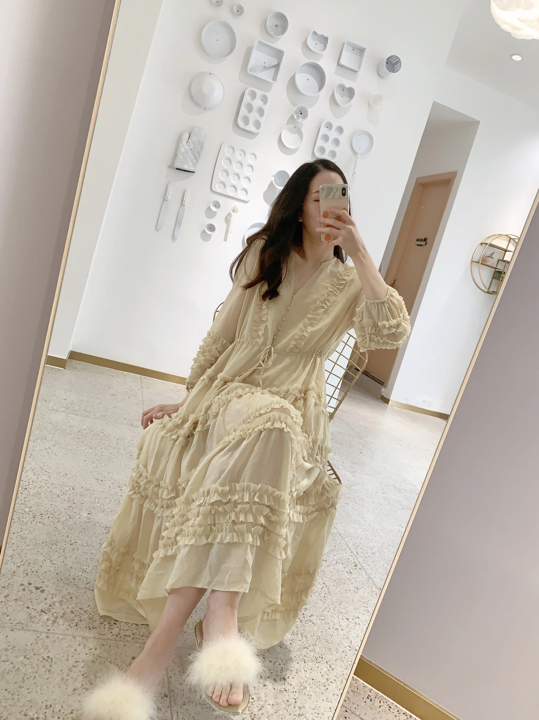 

2020 spring summer women three quarter V-neck loose solid lace lantern sleeve fairy dress two-piece sweet one size Chiffon dress