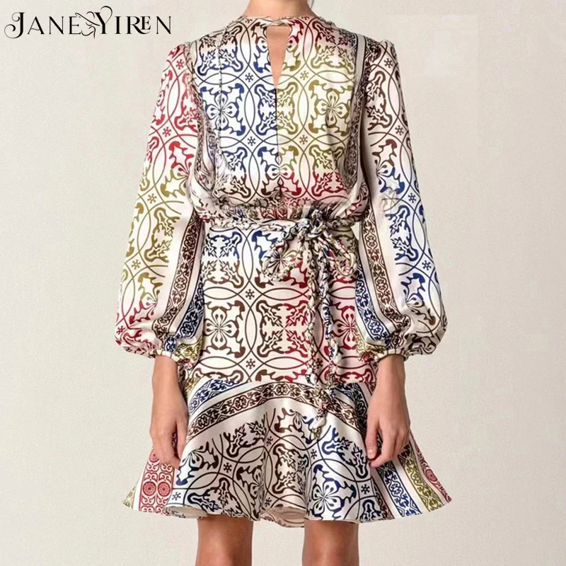 

Дизайнерское модное летнее платье Janeyiren, облегающее платье с винтажным принтом и поясом, женское платье с рукавами-фонариками