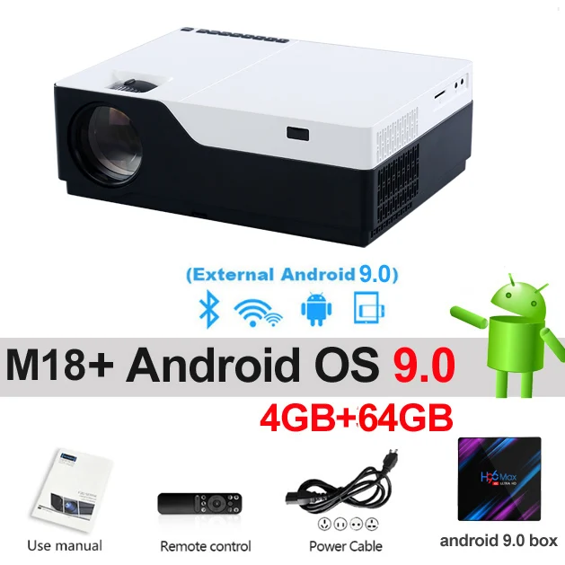 WZATCO Full HD проектор 1920x1080 Разрешение светодиодный проектор поддержка AC3 домашний кинотеатр 5500 люмен(опционально Android 9,0 wifi) M18 - Цвет: M18 add 64GB