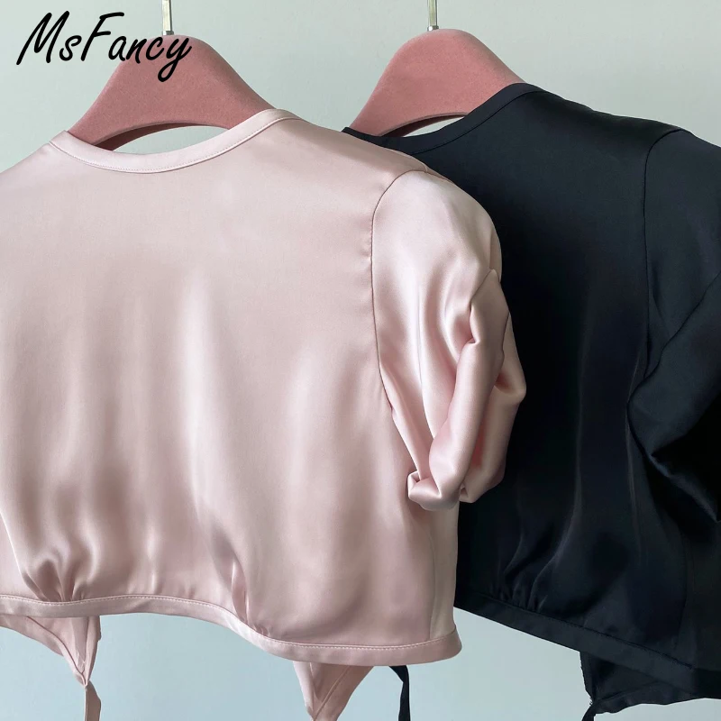 

Msfancy Summer Crop Tops Women 2021 Short Sleeve Sexy Backless Bandage Shirt Mujer O-neck Satin Y2k Tops