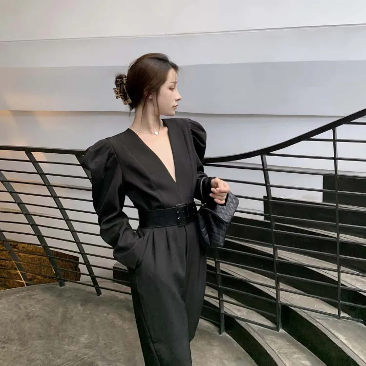 

S-4XL Plus SizeVintage Solid Women Jumpsuit Sexy Deep V Neck Playsuit Elegant Office Lady Bodysuit Fashion with Belt Korean