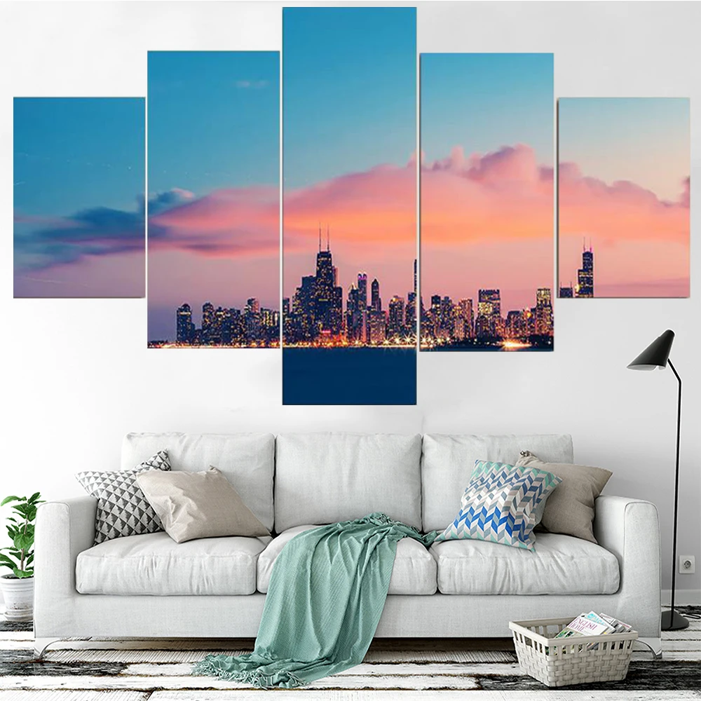 

5 Pieces Wall Art Canvas Painting Pinkish Skyline Landscape Poster Modular Pictures Home Decoration Modern Living Room Framework