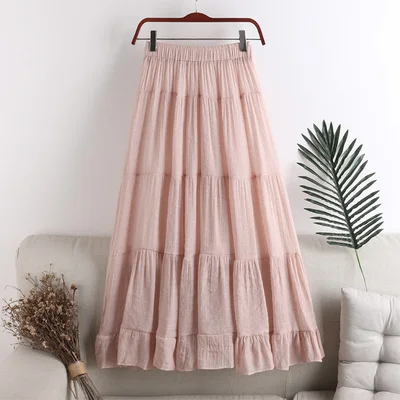 

New Autumn 2020 Long Skirt Plus Size Ruffle Skirt Thin Elastic Waist Fold Stitching Skirt High Quality Solid Color Retro Skirt