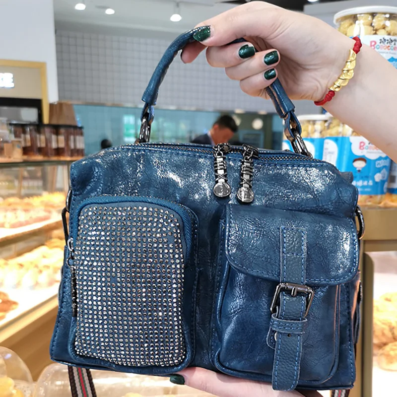 

Women Crystal Shoulder Bags Luxury 2019 New Totes Zip Leather Punk Handbag Patchwork Ladies Buckle Belt Crossbody Bags for Women