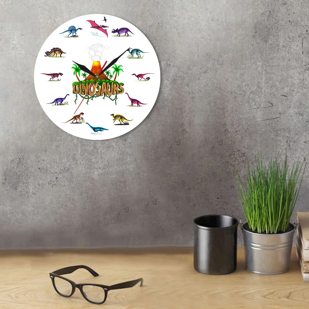 Дино скелеты с красочным рисунком акриловые настенные часы извержение вулкана