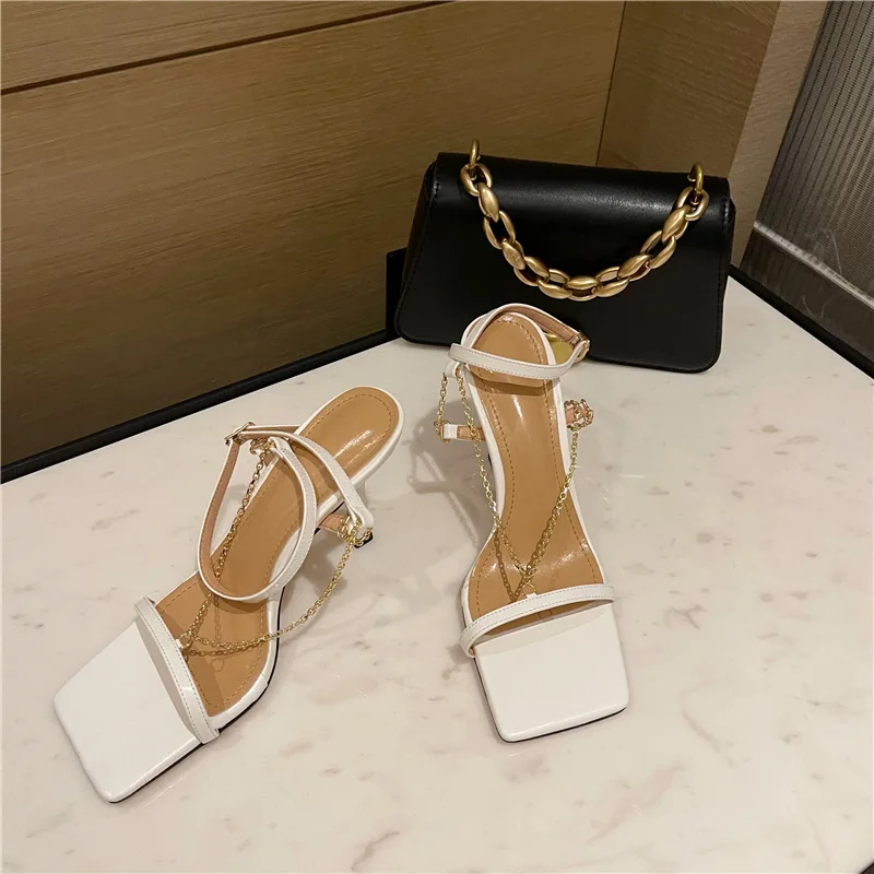 

2021 summer show new metal chain square open toe ultra high heel thin heel fashion women's sandals