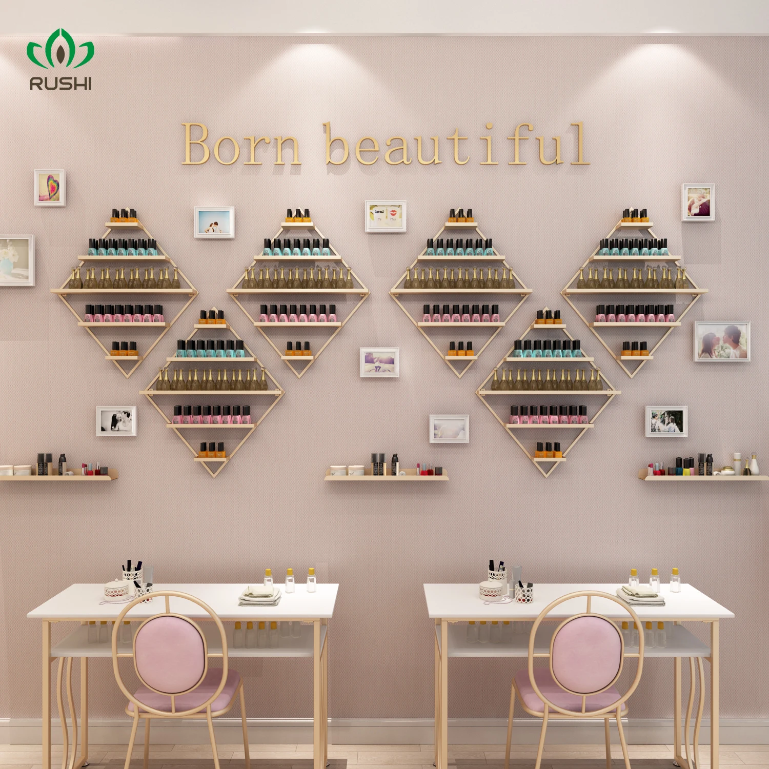 Diamond Shape Nordic Golden Nail polish shelf Set Shop Display Stand Wall Hanging Cosmetics Shelf Polish Rack | Дом и сад