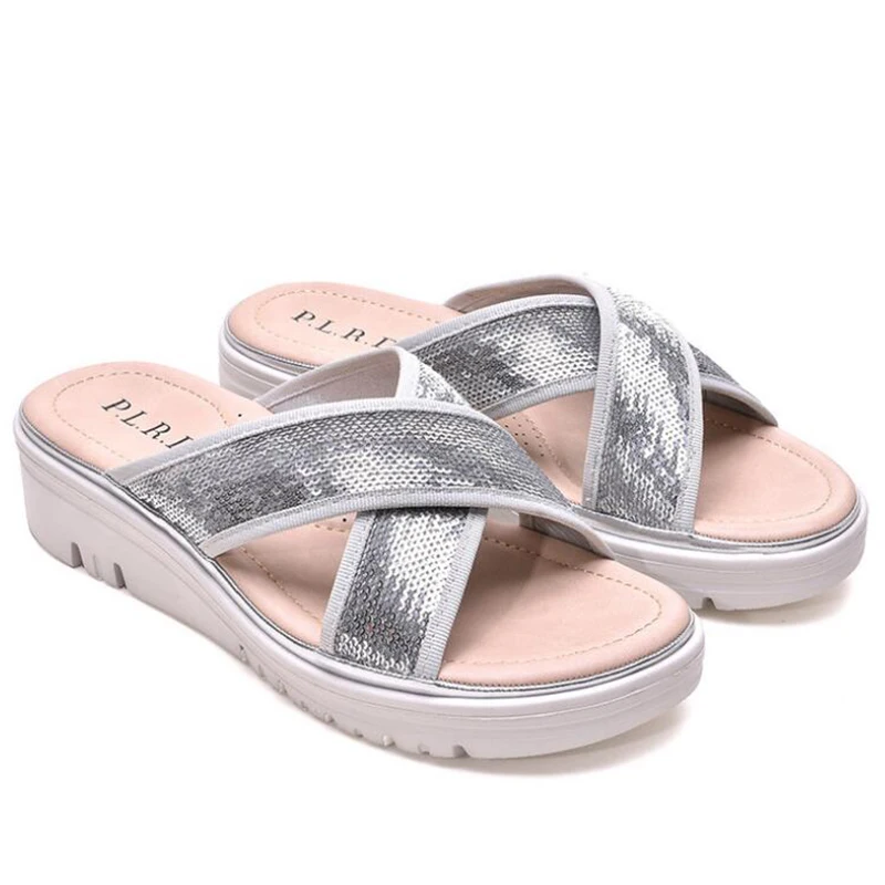 Сандалии женские кожаные с блестками босоножки на платформе мягкая подошва